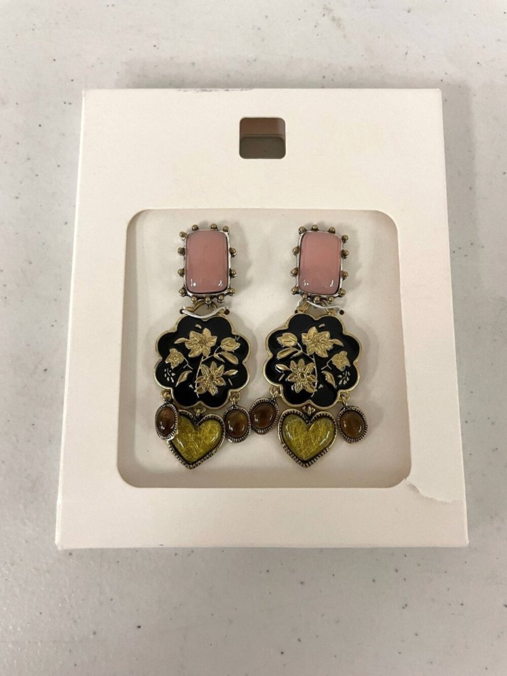 Zara Dangle Earrings Multi-Color Floral Heart Design Statement Jewelry NWT